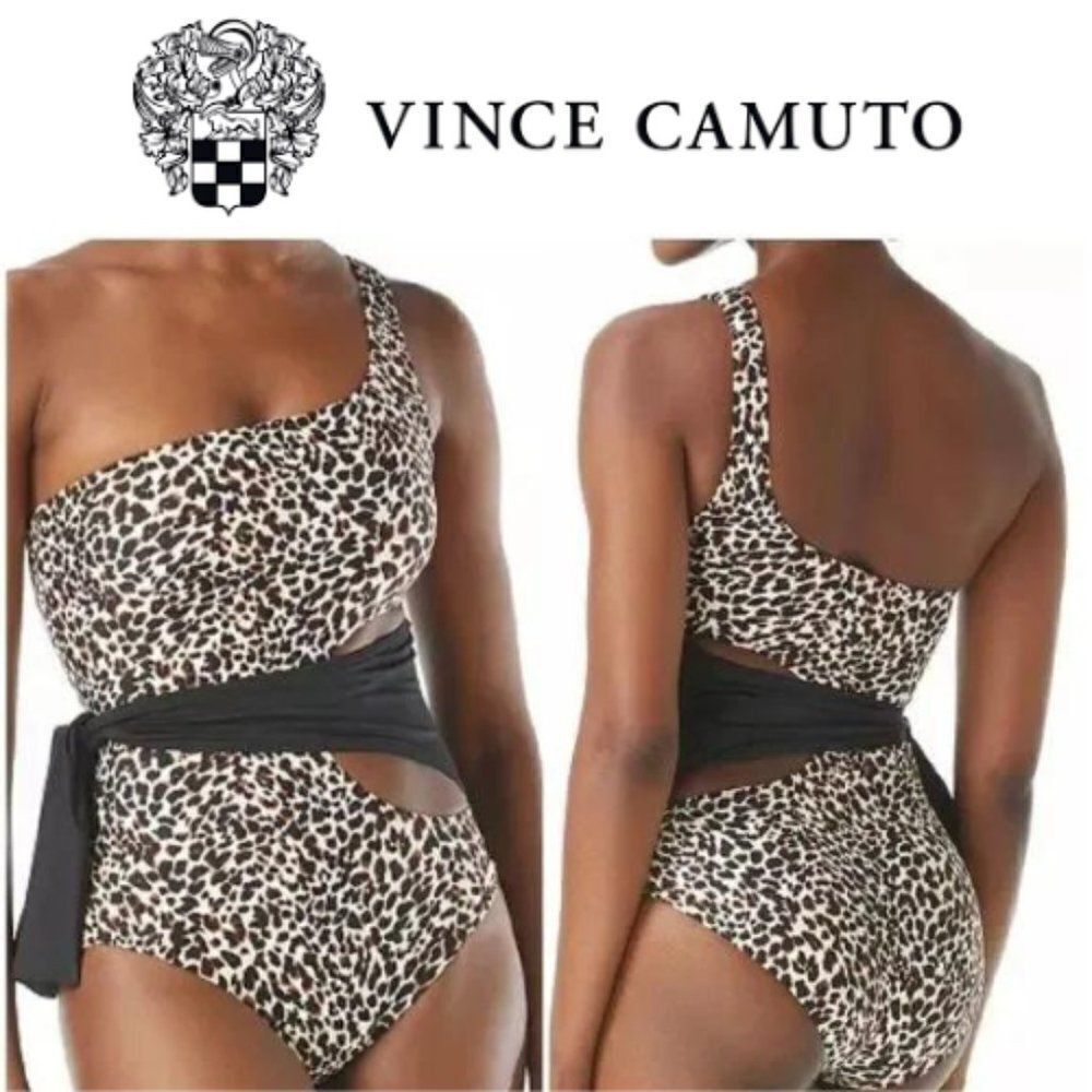 🆕️ 2022 Vince Camuto Printed One-Shoulder Wrap Tie One-Piece sz 6